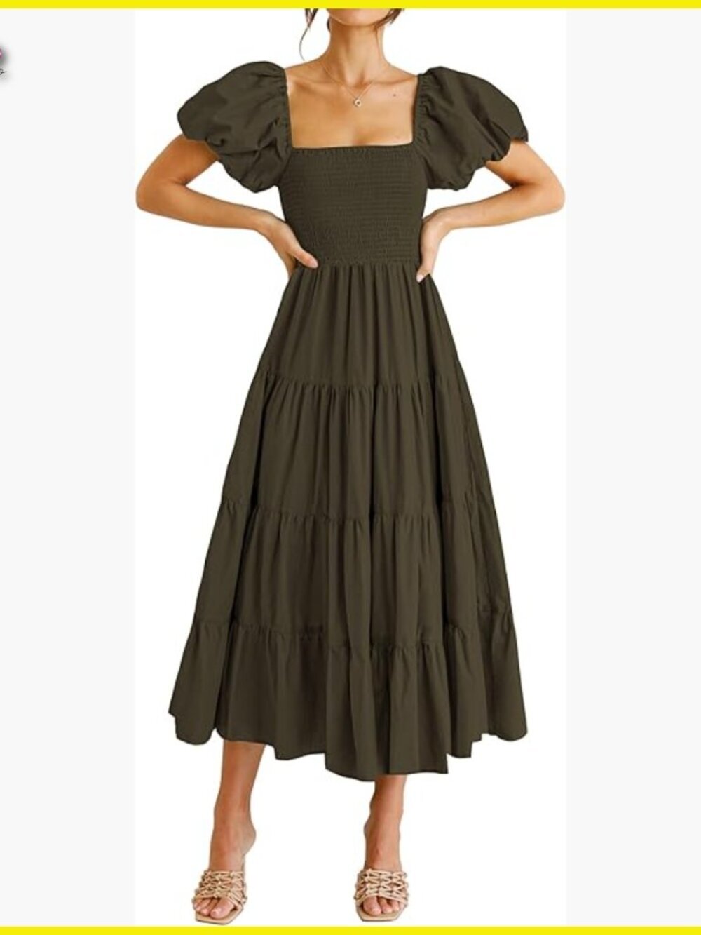 Casual Summer Midi Dress Puffy Sleeve Square Neck Smocked Tiered Ruffle